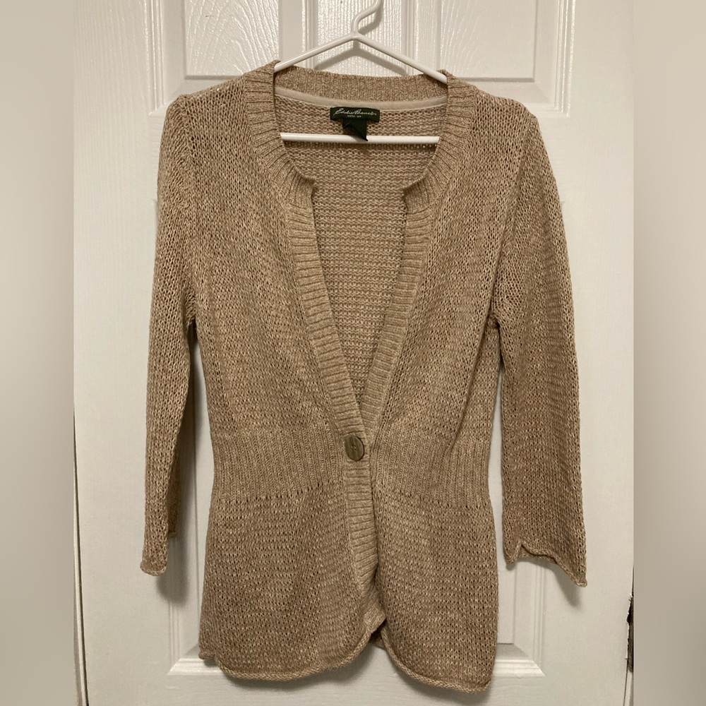 *Eddie Bauer Tan Women's Ramie Blend Cardigan Sweater #U